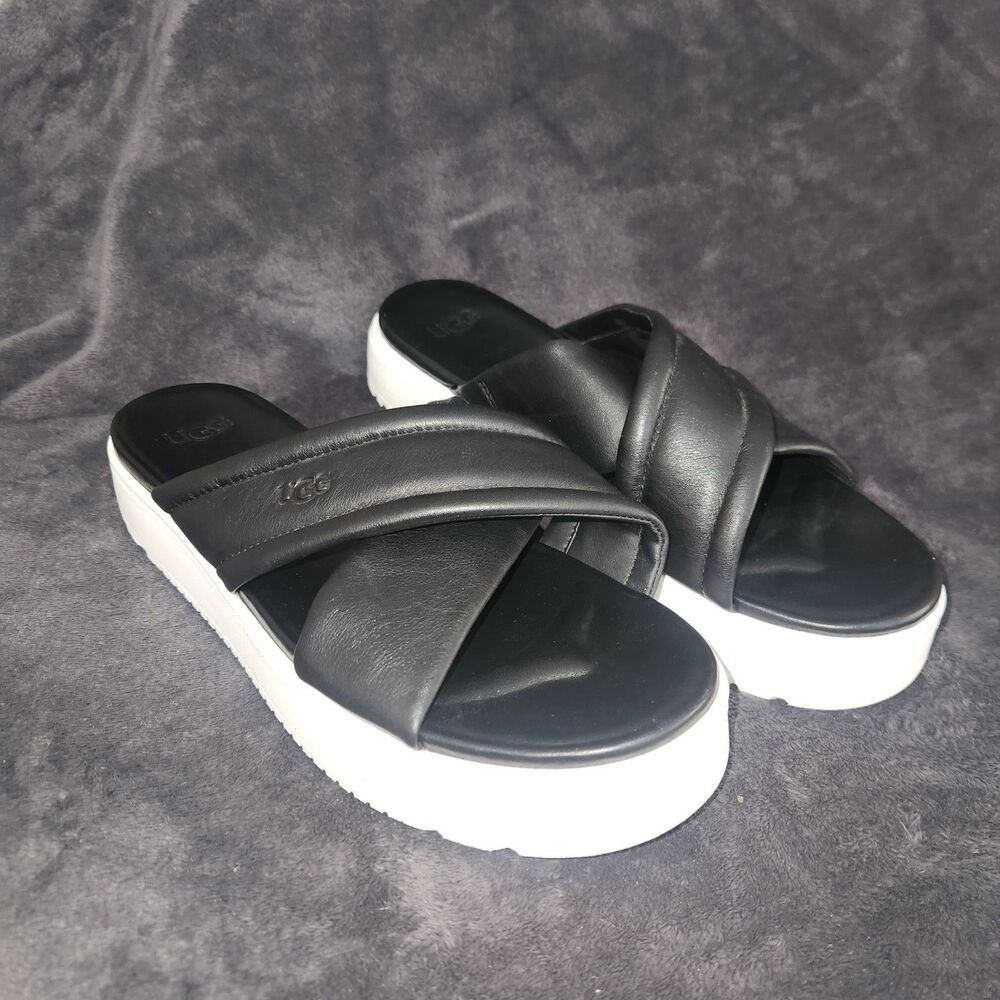 WOMENS US 11 UGG ZAYNE CROSSBAND SANDAL BLACK LEATHER PLATFORM SLIDE